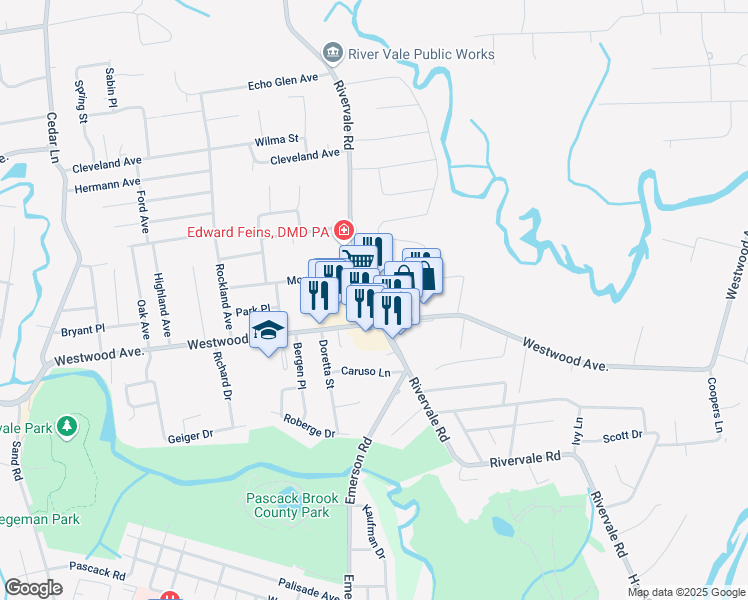 map of restaurants, bars, coffee shops, grocery stores, and more near 207 Rivervale Road in Westwood