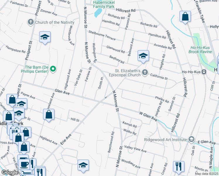 map of restaurants, bars, coffee shops, grocery stores, and more near 435 Morningside Road in Ridgewood