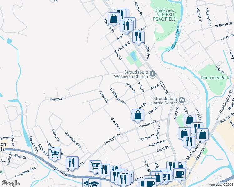 map of restaurants, bars, coffee shops, grocery stores, and more near 871-899 Lindbergh Avenue in Stroudsburg