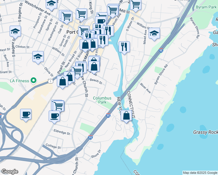 map of restaurants, bars, coffee shops, grocery stores, and more near 24 Nicola Place in Port Chester