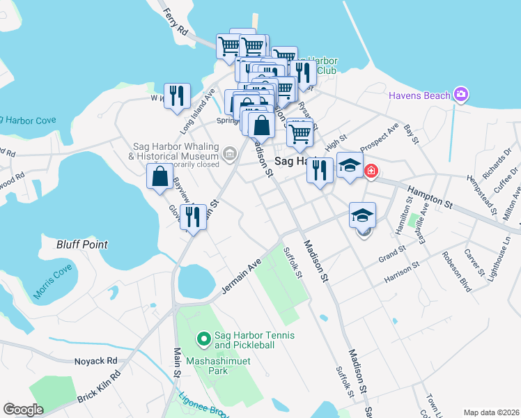 map of restaurants, bars, coffee shops, grocery stores, and more near 37 Palmer Terrace in Sag Harbor