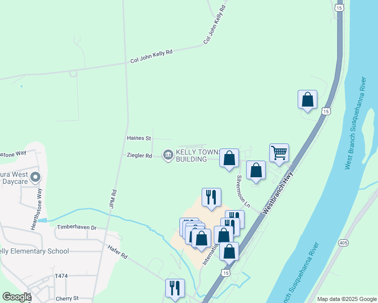 map of restaurants, bars, coffee shops, grocery stores, and more near 6 Shelly Circle in Lewisburg