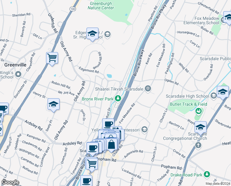map of restaurants, bars, coffee shops, grocery stores, and more near 124 Aqueduct Drive in Scarsdale
