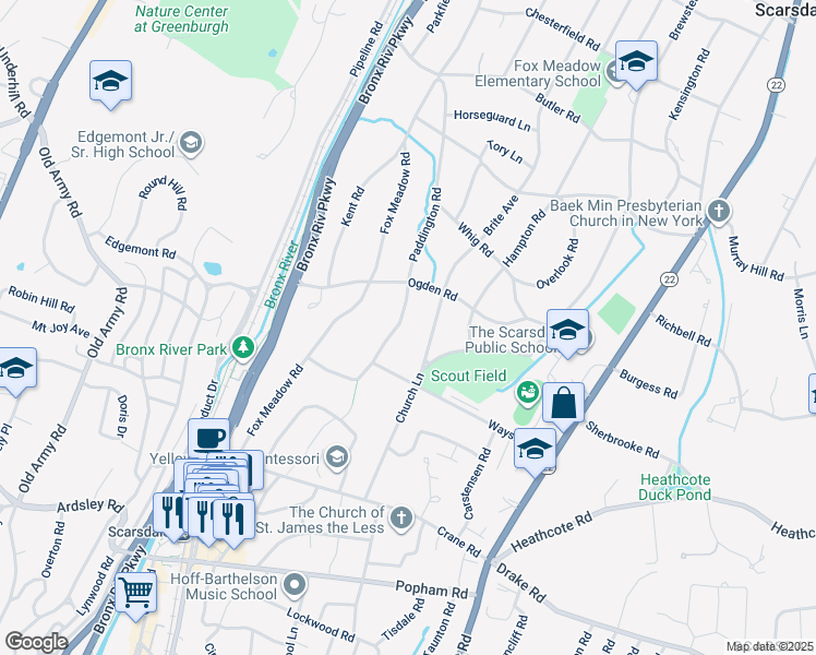 map of restaurants, bars, coffee shops, grocery stores, and more near 12 Paddington Road in Scarsdale