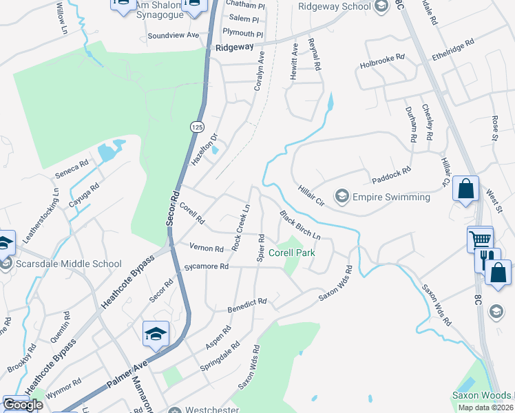 map of restaurants, bars, coffee shops, grocery stores, and more near 116 Spier Road in Scarsdale