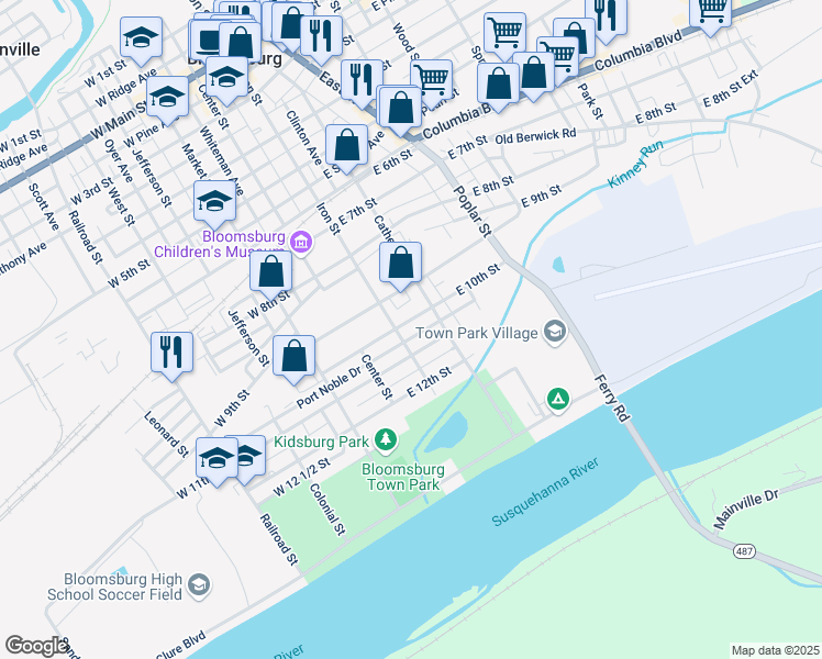 map of restaurants, bars, coffee shops, grocery stores, and more near 170 East 11th Street in Bloomsburg