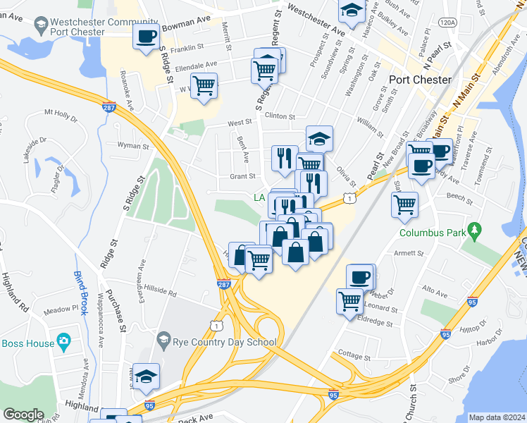map of restaurants, bars, coffee shops, grocery stores, and more near 999 High Street in Port Chester