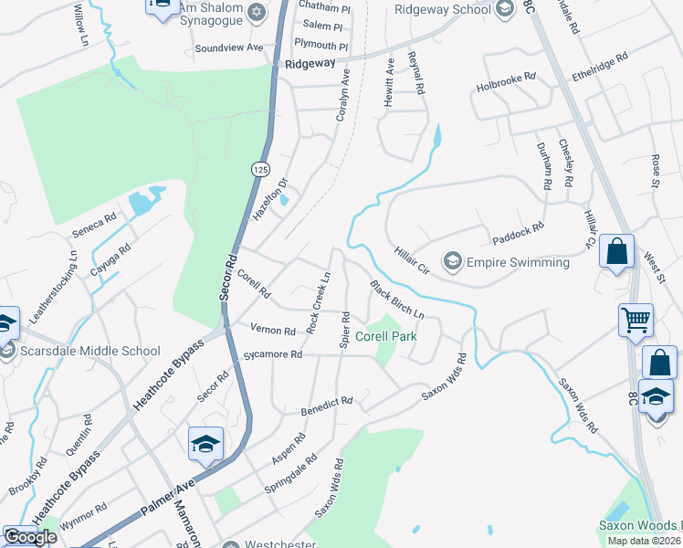 map of restaurants, bars, coffee shops, grocery stores, and more near 116 Spier Road in Scarsdale