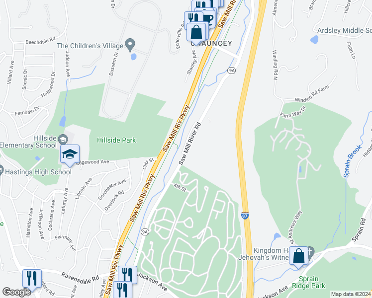 map of restaurants, bars, coffee shops, grocery stores, and more near 400 Saw Mill River Road in Hastings-on-Hudson