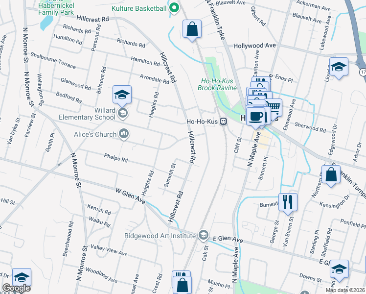 map of restaurants, bars, coffee shops, grocery stores, and more near 55 Barrington Road in Ridgewood