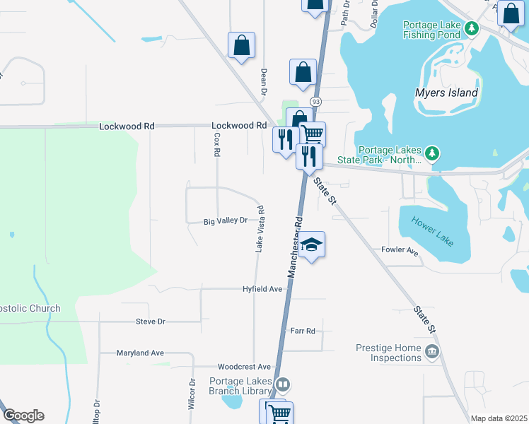 map of restaurants, bars, coffee shops, grocery stores, and more near 3977 Lake Vista Road in Akron