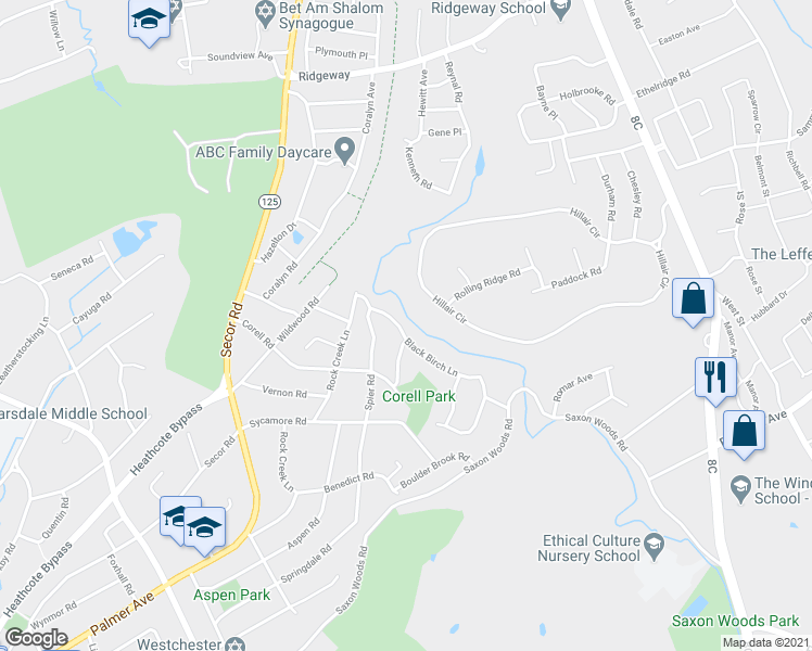 map of restaurants, bars, coffee shops, grocery stores, and more near 17 Black Birch Lane in Scarsdale