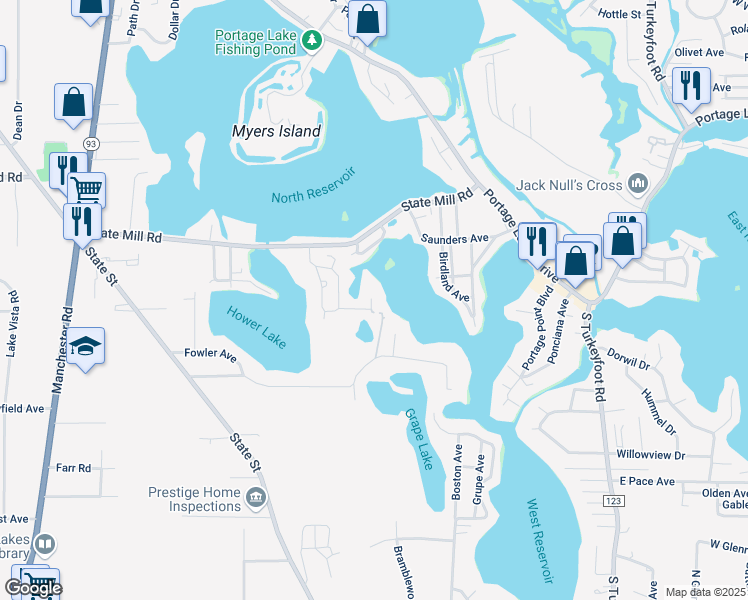 map of restaurants, bars, coffee shops, grocery stores, and more near 630 Roe Drive in Akron