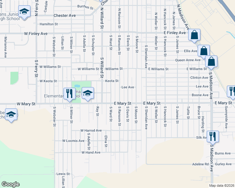 map of restaurants, bars, coffee shops, grocery stores, and more near 453 South Ransom Street in Ottumwa