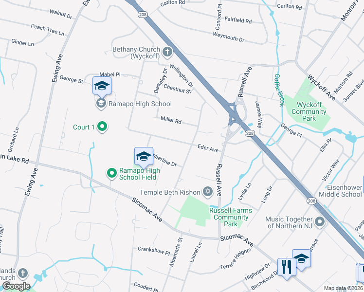 map of restaurants, bars, coffee shops, grocery stores, and more near 541 Eder Avenue in Wyckoff