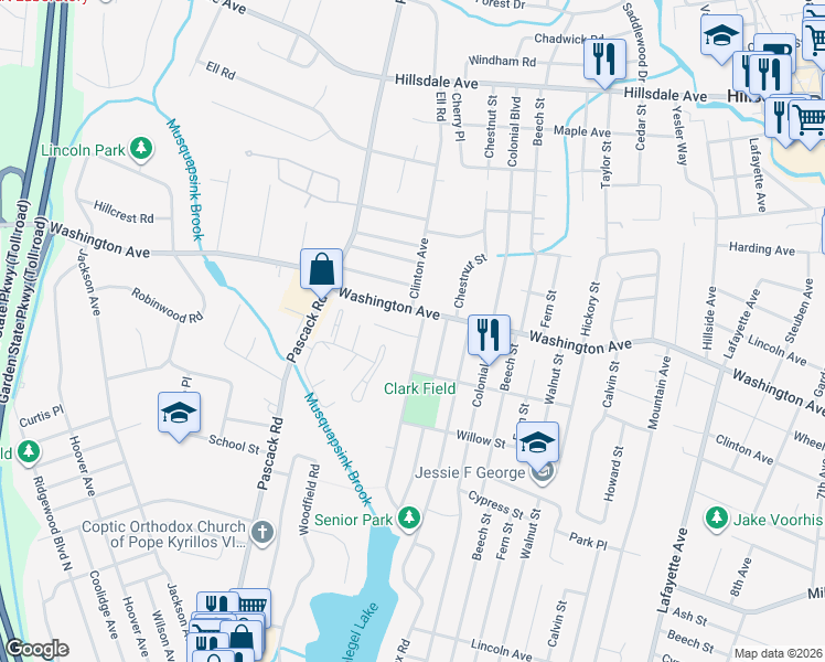 map of restaurants, bars, coffee shops, grocery stores, and more near 2604 Cleveland Avenue in Township of Washington