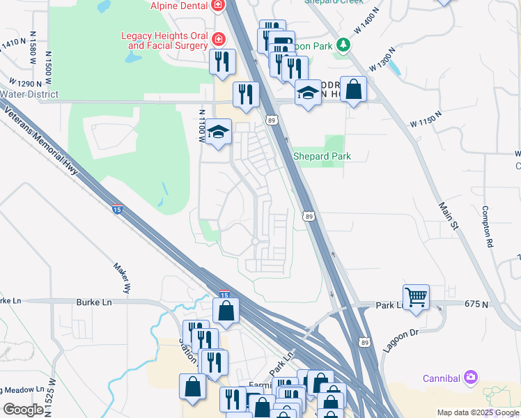 map of restaurants, bars, coffee shops, grocery stores, and more near 929 Spring Creek Lane in Farmington