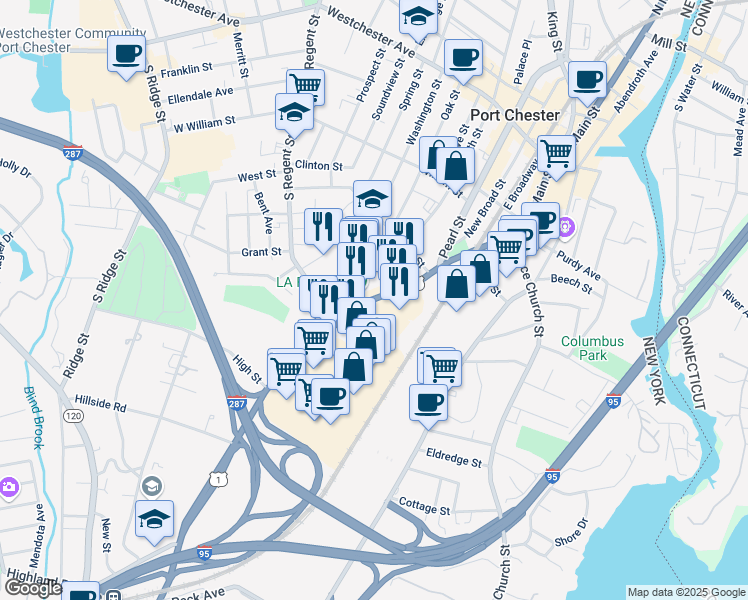 map of restaurants, bars, coffee shops, grocery stores, and more near 317 Boston Post Rd in Port Chester
