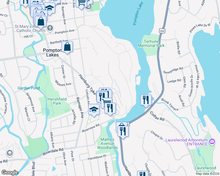 map of restaurants, bars, coffee shops, grocery stores, and more near 29 Beacon Hill in Pompton Lakes
