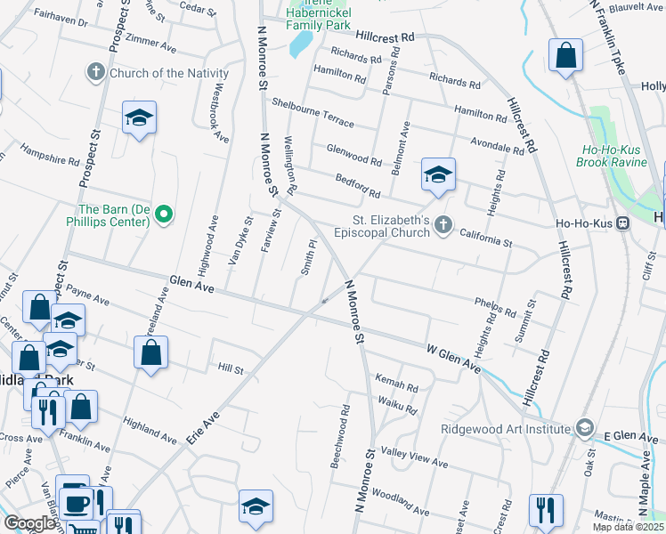 map of restaurants, bars, coffee shops, grocery stores, and more near 525 North Monroe Street in Ridgewood