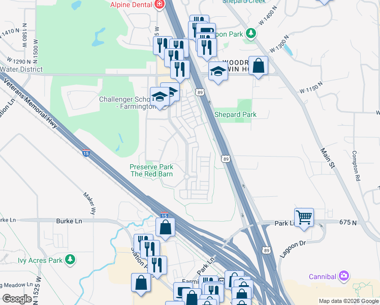 map of restaurants, bars, coffee shops, grocery stores, and more near 929 Spring Creek Lane in Farmington