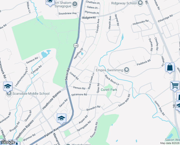 map of restaurants, bars, coffee shops, grocery stores, and more near 56 Wildwood Road in Scarsdale