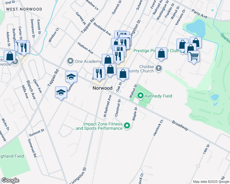 map of restaurants, bars, coffee shops, grocery stores, and more near 26 Jay Street in Norwood