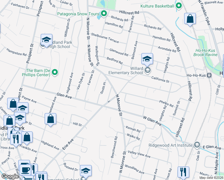 map of restaurants, bars, coffee shops, grocery stores, and more near 525 North Monroe Street in Ridgewood