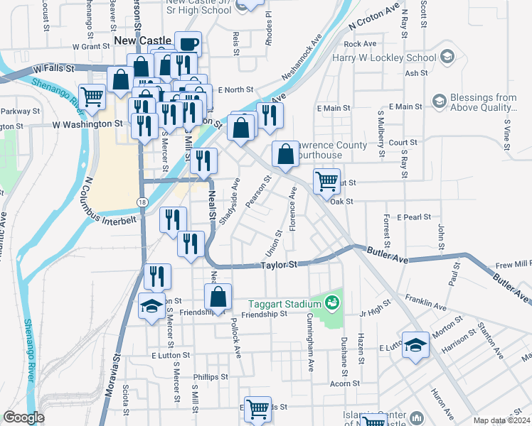 map of restaurants, bars, coffee shops, grocery stores, and more near 225 Pearson Street in New Castle
