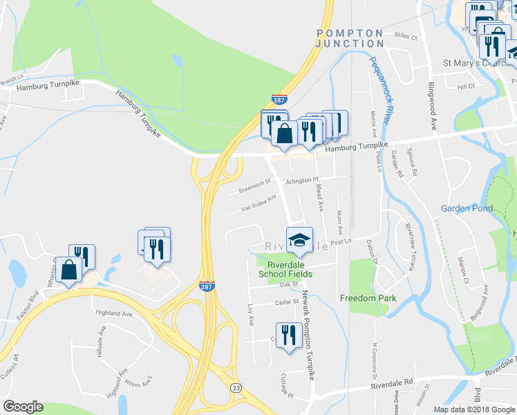 map of restaurants, bars, coffee shops, grocery stores, and more near 11 Van Duyne Avenue in Riverdale