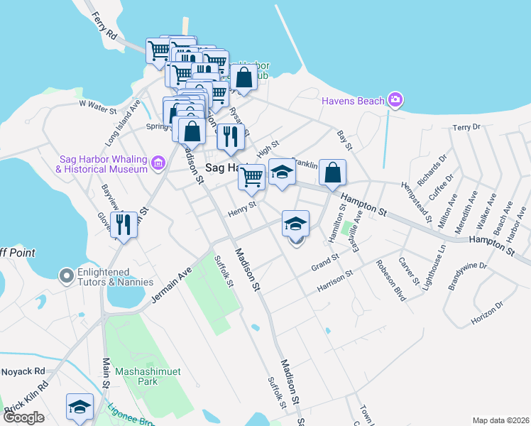 map of restaurants, bars, coffee shops, grocery stores, and more near 41 Henry Street in Sag Harbor