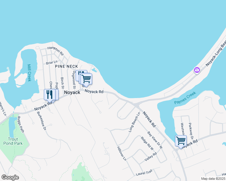 map of restaurants, bars, coffee shops, grocery stores, and more near 3615 Noyac Road in Sag Harbor