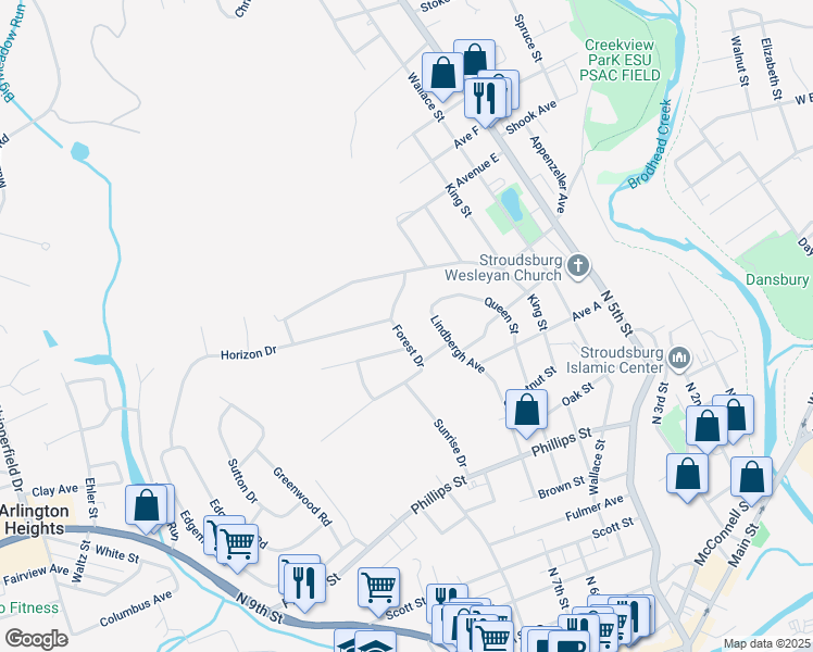 map of restaurants, bars, coffee shops, grocery stores, and more near 1024 Forest Drive in Stroudsburg