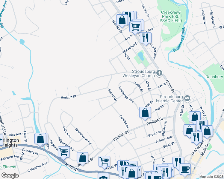 map of restaurants, bars, coffee shops, grocery stores, and more near 1024 Forest Drive in Stroudsburg