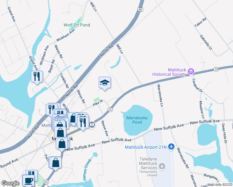 map of restaurants, bars, coffee shops, grocery stores, and more near 265 Village Lane in Mattituck