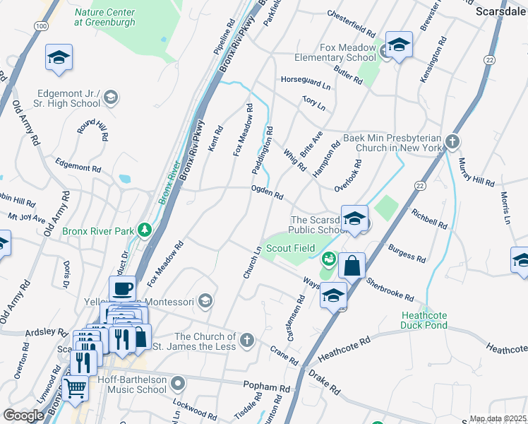 map of restaurants, bars, coffee shops, grocery stores, and more near 26 Ogden Road in Scarsdale