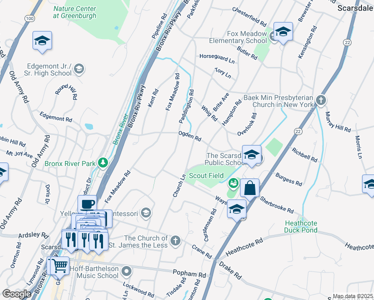 map of restaurants, bars, coffee shops, grocery stores, and more near 26 Ogden Road in Scarsdale