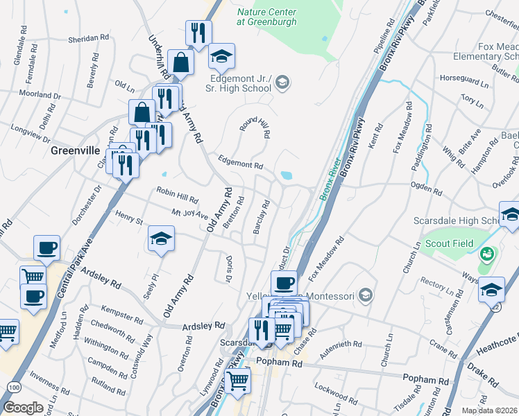 map of restaurants, bars, coffee shops, grocery stores, and more near 25 Glenwood Road in Scarsdale