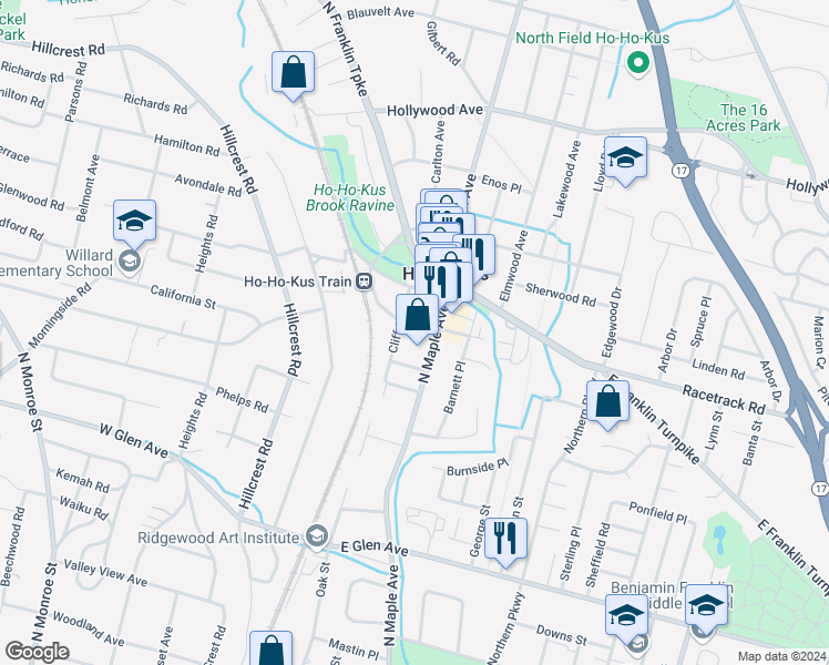map of restaurants, bars, coffee shops, grocery stores, and more near 91 1st Street in Ho-Ho-Kus