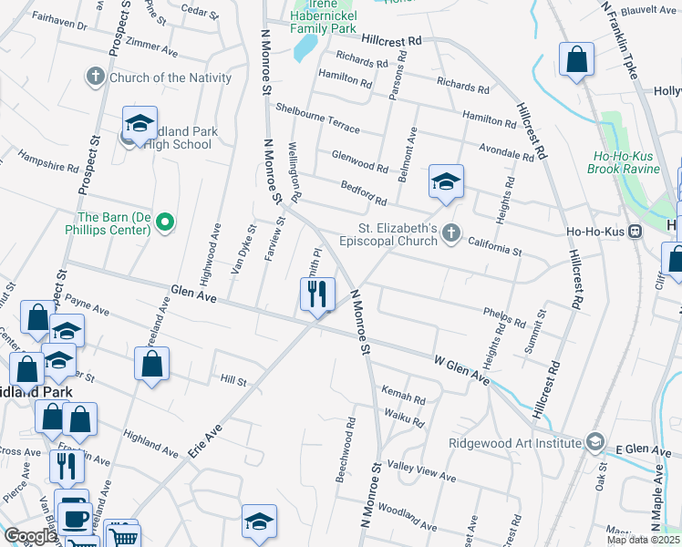 map of restaurants, bars, coffee shops, grocery stores, and more near 525 North Monroe Street in Ridgewood