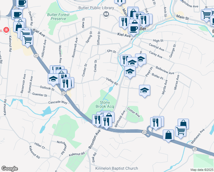 map of restaurants, bars, coffee shops, grocery stores, and more near 25 Valley Road in Butler