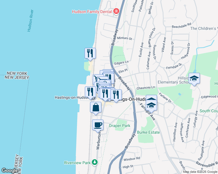 map of restaurants, bars, coffee shops, grocery stores, and more near 595 Warburton Avenue in Hastings-on-Hudson