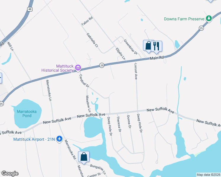 map of restaurants, bars, coffee shops, grocery stores, and more near 600 Eastward Court in Mattituck
