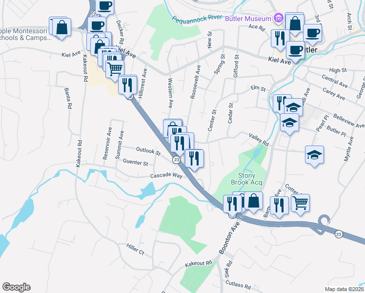 map of restaurants, bars, coffee shops, grocery stores, and more near 103 Valley Road in Butler