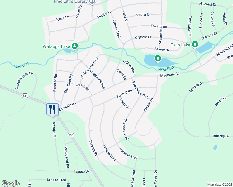 map of restaurants, bars, coffee shops, grocery stores, and more near 92 Mountain Road in Albrightsville