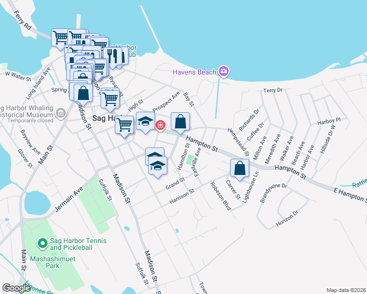map of restaurants, bars, coffee shops, grocery stores, and more near 112 Hampton Street in Sag Harbor