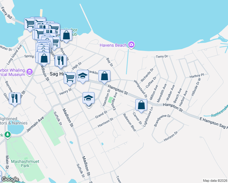 map of restaurants, bars, coffee shops, grocery stores, and more near 129 Hampton Street in Sag Harbor