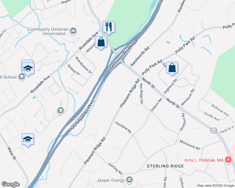 map of restaurants, bars, coffee shops, grocery stores, and more near 16 Pleasant Ridge Road in Harrison
