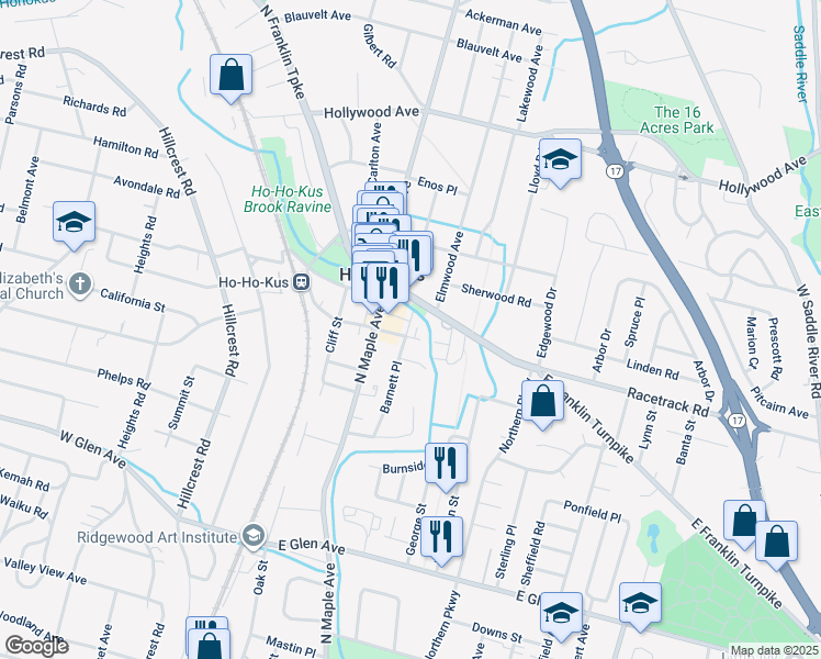 map of restaurants, bars, coffee shops, grocery stores, and more near 191 Franklin Turnpike in Ho-Ho-Kus