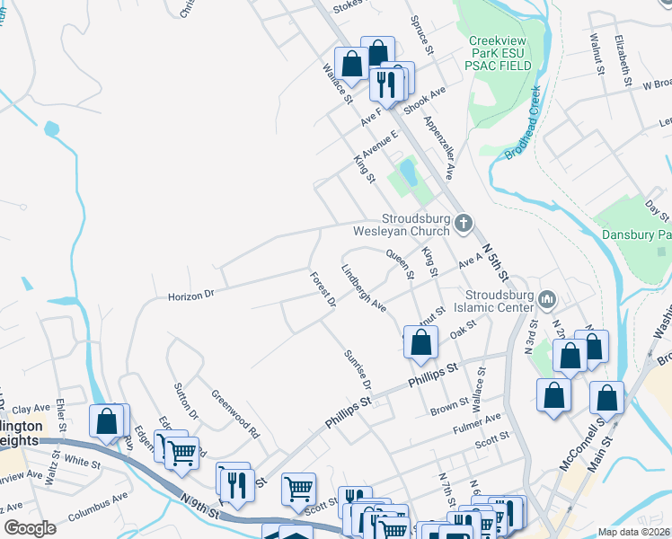 map of restaurants, bars, coffee shops, grocery stores, and more near 1023 Lindbergh Ave in Stroudsburg